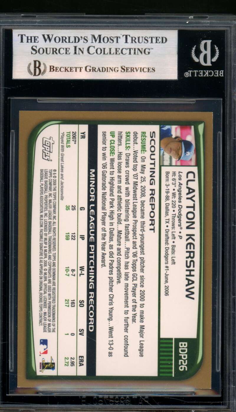 Clayton Kershaw Rookie Card 2008 Bowman Draft Gold #BDP26 BGS 9 Image 2