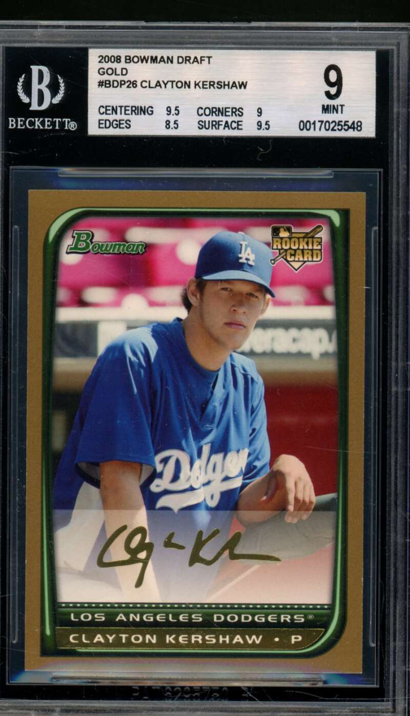 Clayton Kershaw Rookie Card 2008 Bowman Draft Gold #BDP26 BGS 9 Image 1