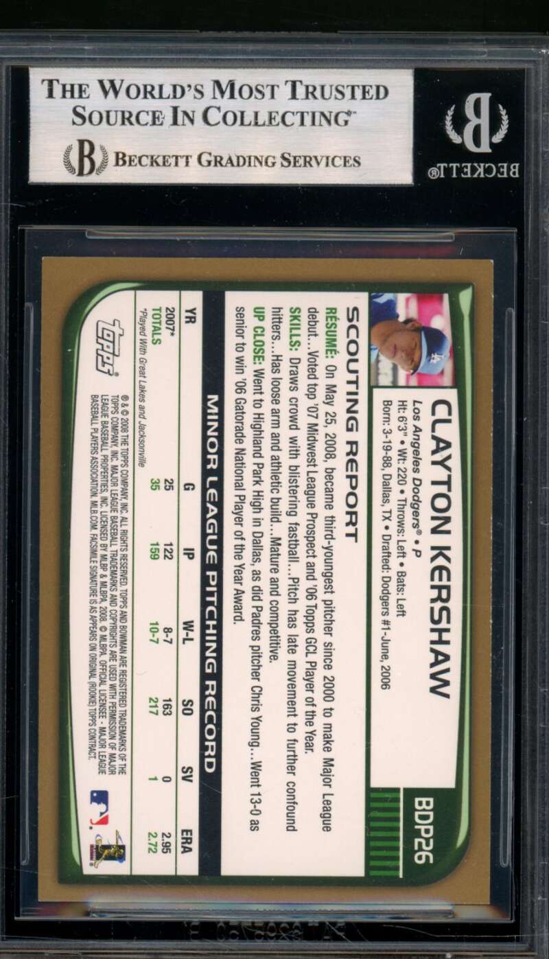 Clayton Kershaw Rookie Card 2008 Bowman Draft Gold #BDP26 BGS 9 Image 2