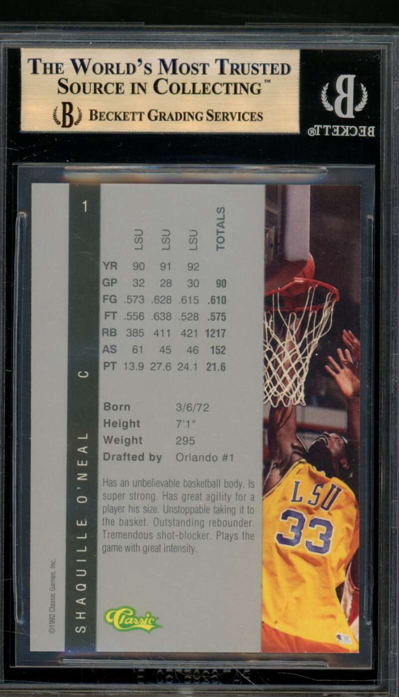 Shaquille O'neal Rookie Card 1992-93 Classic Four Sport #1 BGS 9.5 Image 2