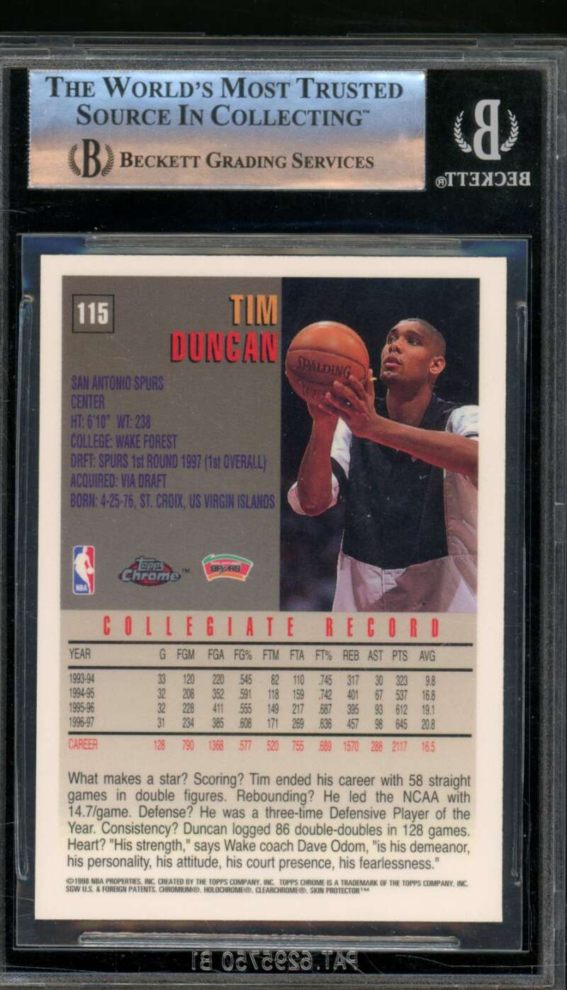 Tim Duncan Rookie Card 1997-98 Topps Chrome #115 BGS 9 Image 2