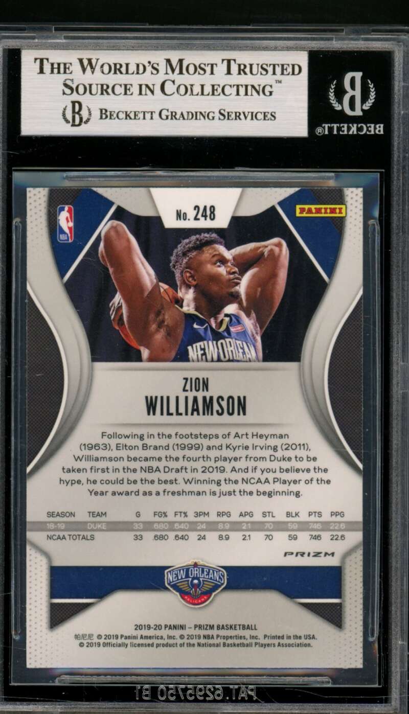 Zion Williamson Rookie Card 2019-20 Panini Prizm Prizms Green #248 BGS 9 Image 2