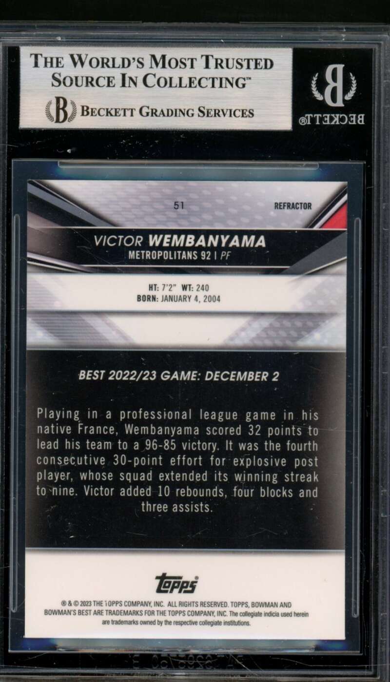 Victor Wembanyama Rookie 2022-23 Bowman's Best University Refractors #51 BGS 9 Image 2