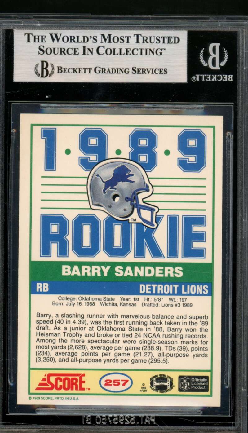 Barry Sanders Rookie Card 1989 Score #257 BGS 9 Image 2