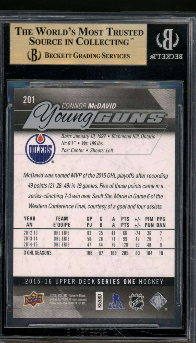 Connor McDavid Rookie Card 2015-16 Upper Deck #201 BGS 9.5 Image 2