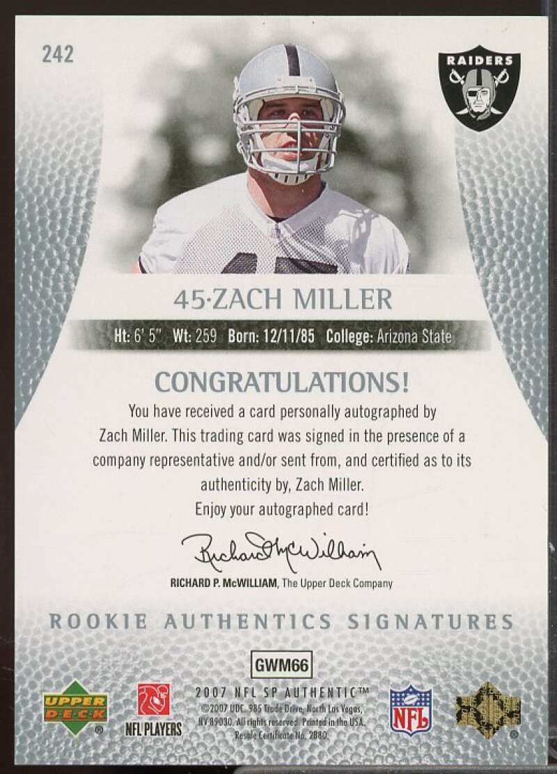 Zach Miller AU Rookie Card 2007 SP Authentic #242  Image 2