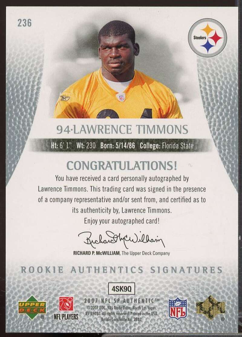 Lawrence Timmons AU Rookie Card 2007 SP Authentic #236  Image 2