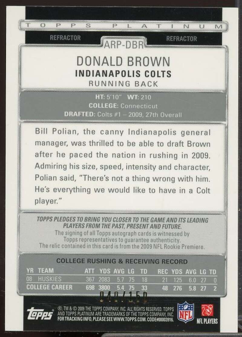 Donald Brown/150 Rookie Card 2009 Topps Platinum Autographed Patches #ARPDBR  Image 2