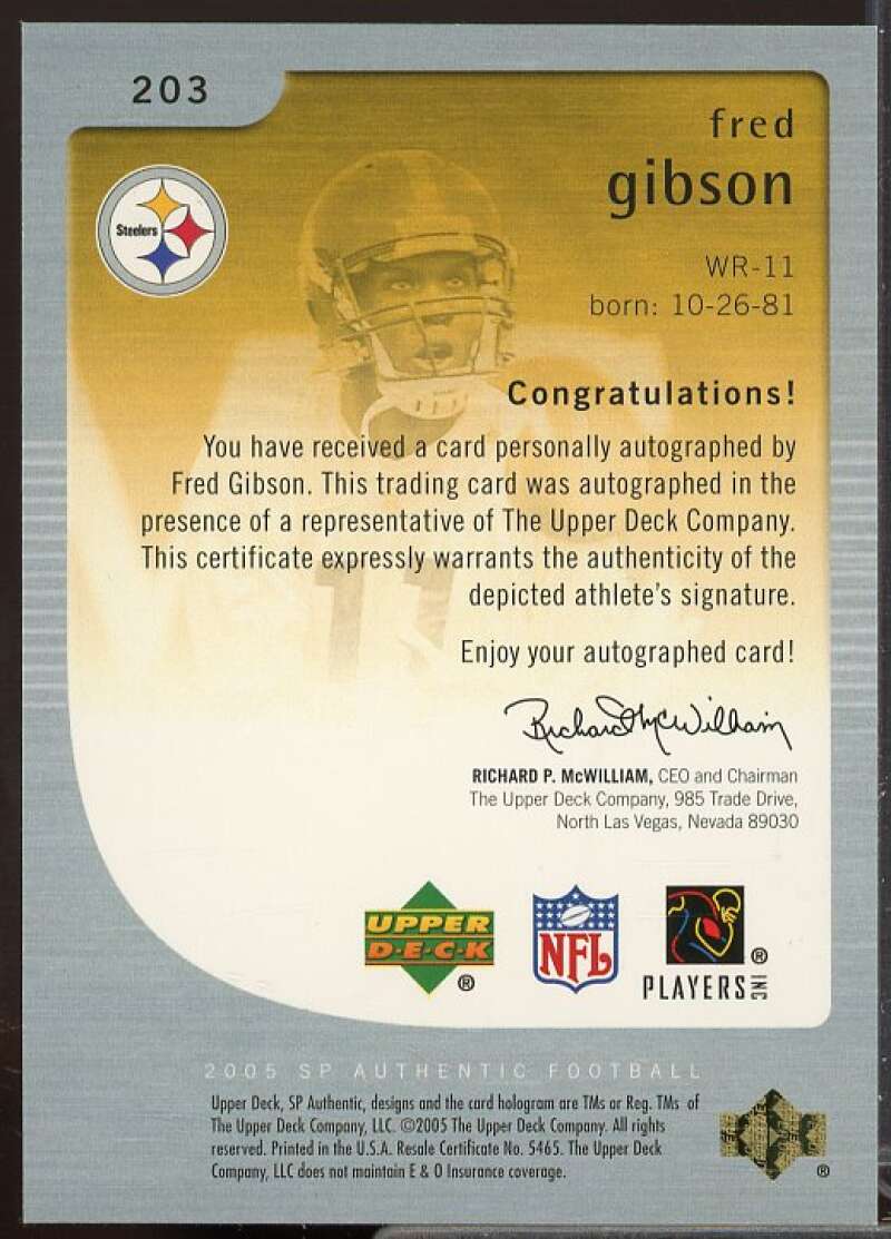 Fred Gibson AU Rookie Card 2005 SP Authentic #203  Image 2