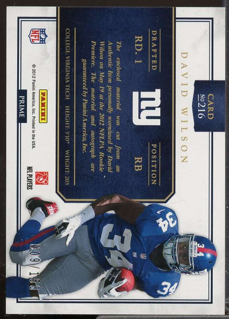 David Wilson JSY AU/150 Rookie Card 2012 Panini Prominence #216  Image 2