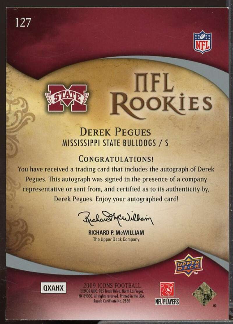 Derek Pegues Rookie Card 2009 Upper Deck Icons Autographs #127  Image 2