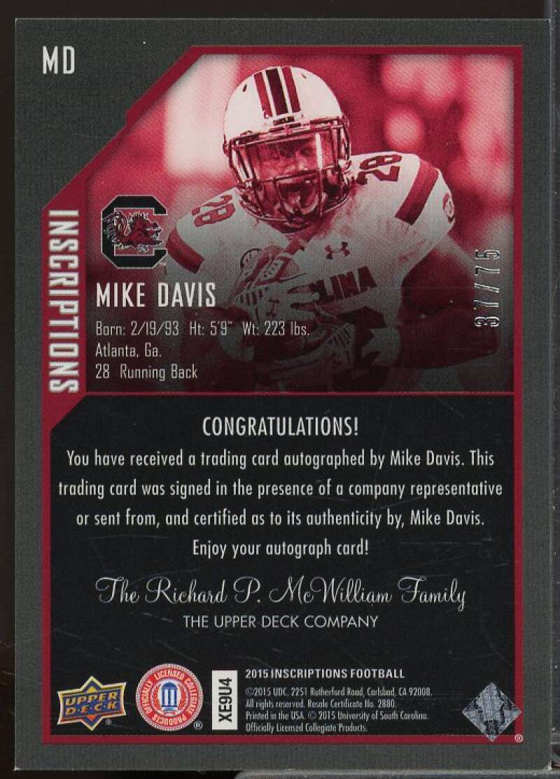 Mike Davis/75 Rookie Card 2015 Upper Deck Inscriptions Red #MD  Image 2