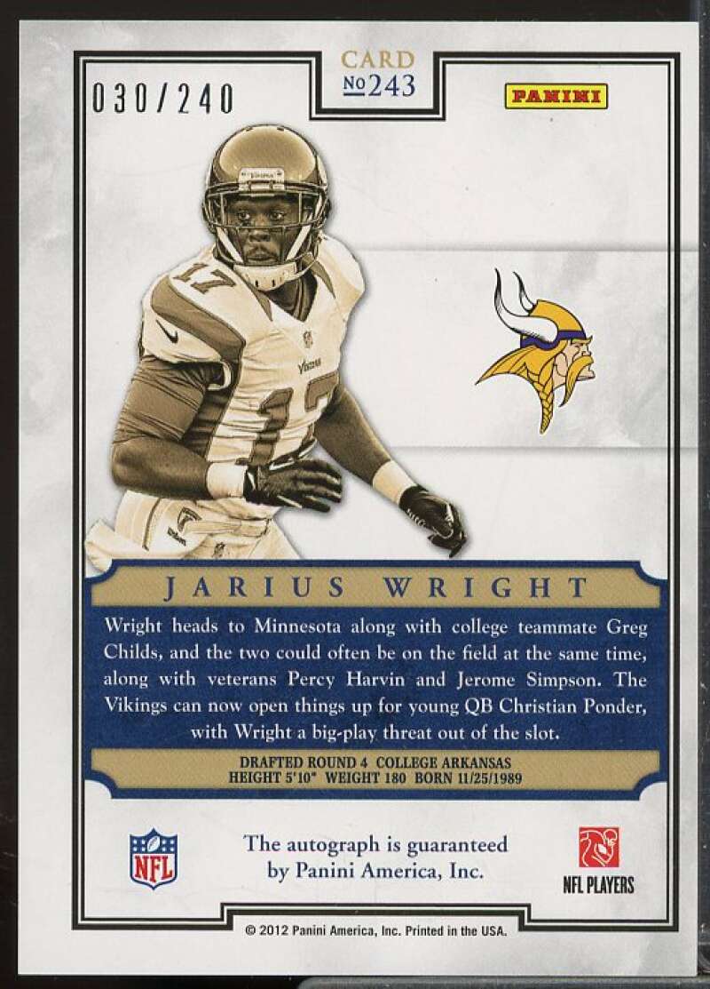 Jarius Wright/240 Rookie 2012 Panini Prominence Rookie NFL Field Autograph #243  Image 2