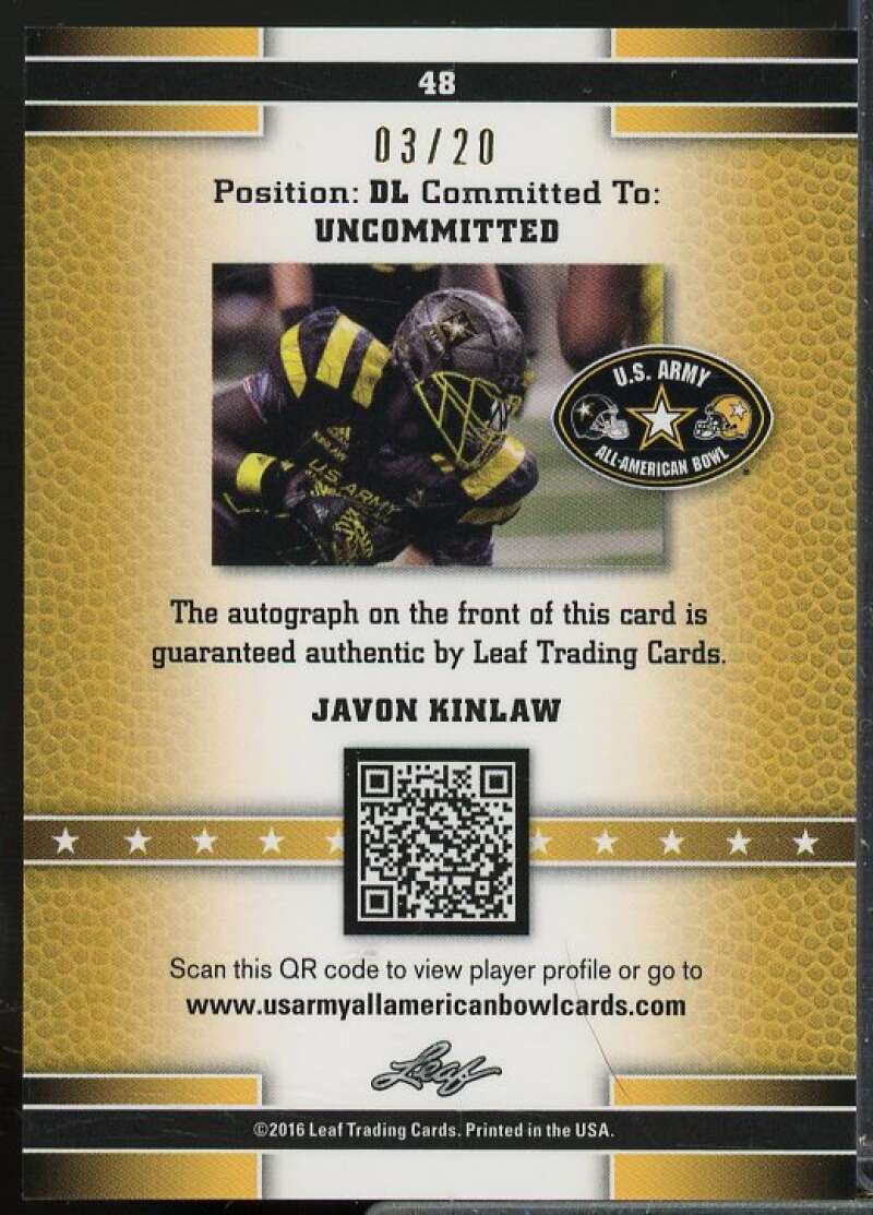 Javon Kinlaw Rookie 2016 Leaf Army All-American Bowl Metal Autographs Pink #48  Image 2