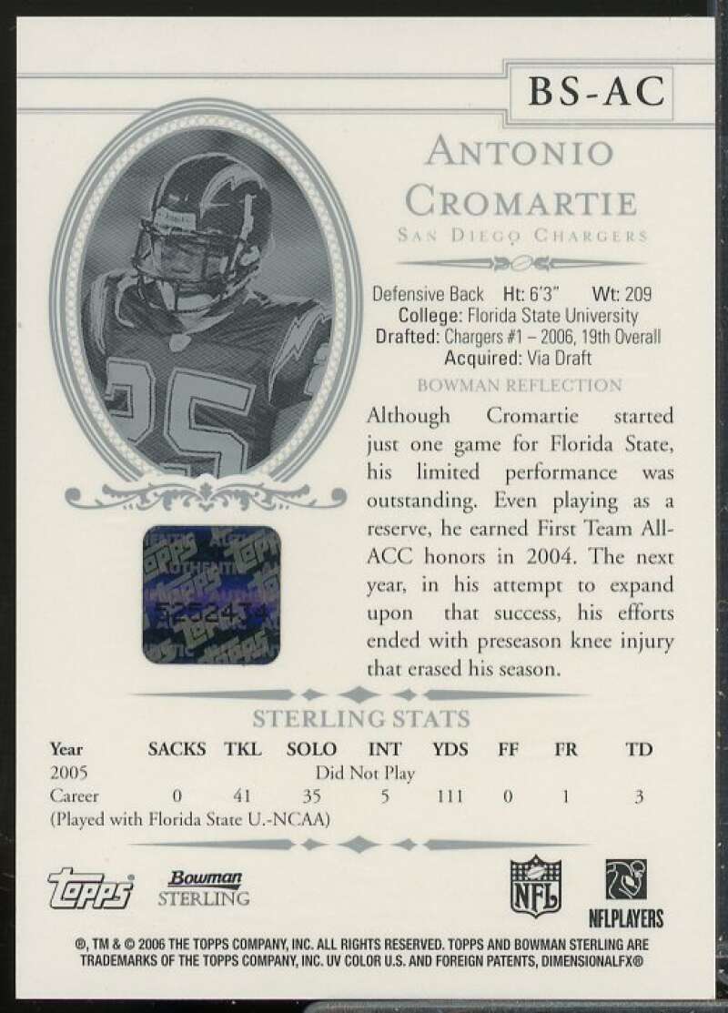 Antonio Cromartie AU Rookie Card 2006 Bowman Sterling #AC1  Image 2