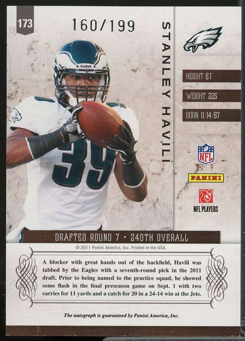 Stanley Havili AU/199 Rookie Card 2011 Panini Plates and Patches #173  Image 2