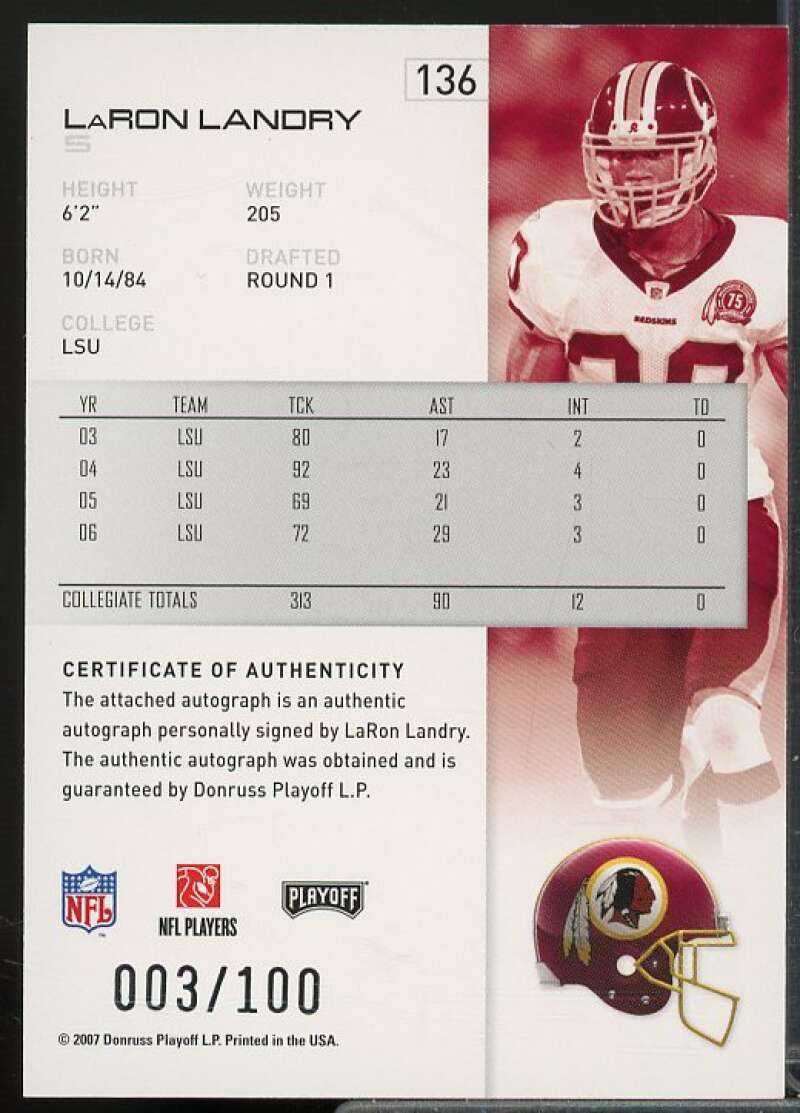 LaRon Landry/100 Rookie Card 2007 Playoff NFL Playoffs Signatures Red #136  Image 2