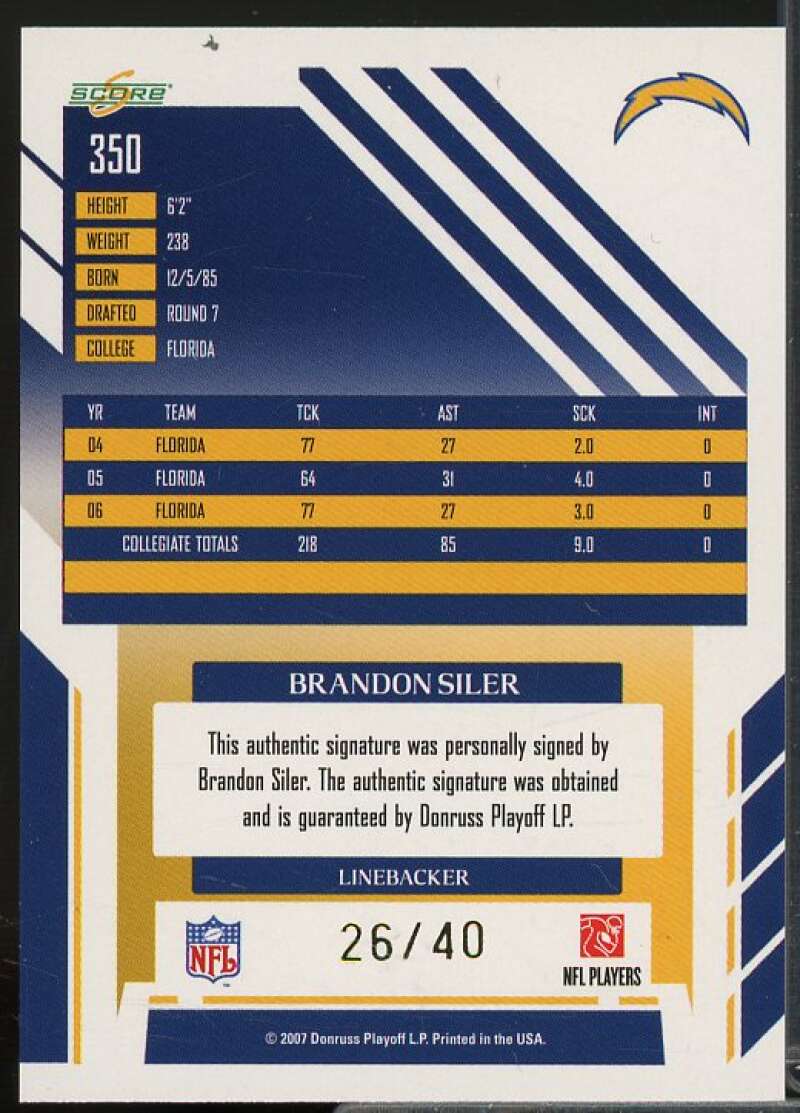 Brandon Siler/40 Rookie Card 2007 Select Autographs Gold Zone #350  Image 2