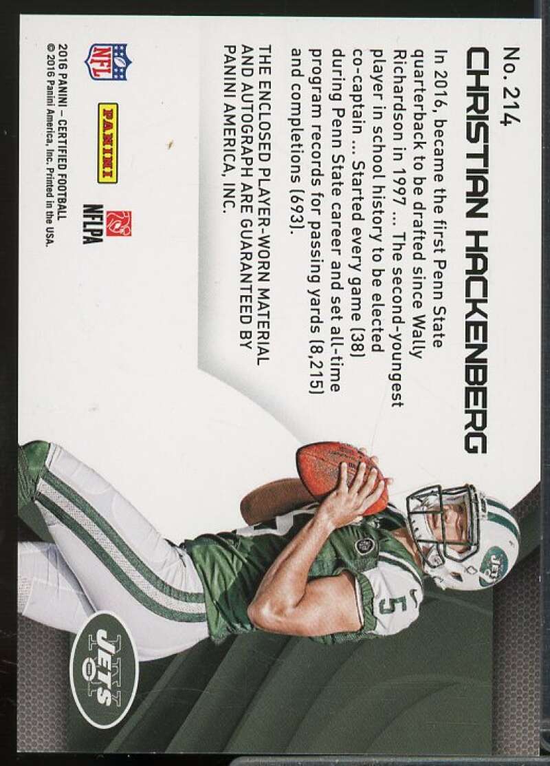 Christian Hackenberg/299 JSY AU Rookie Card 2016 Certified #214  Image 2