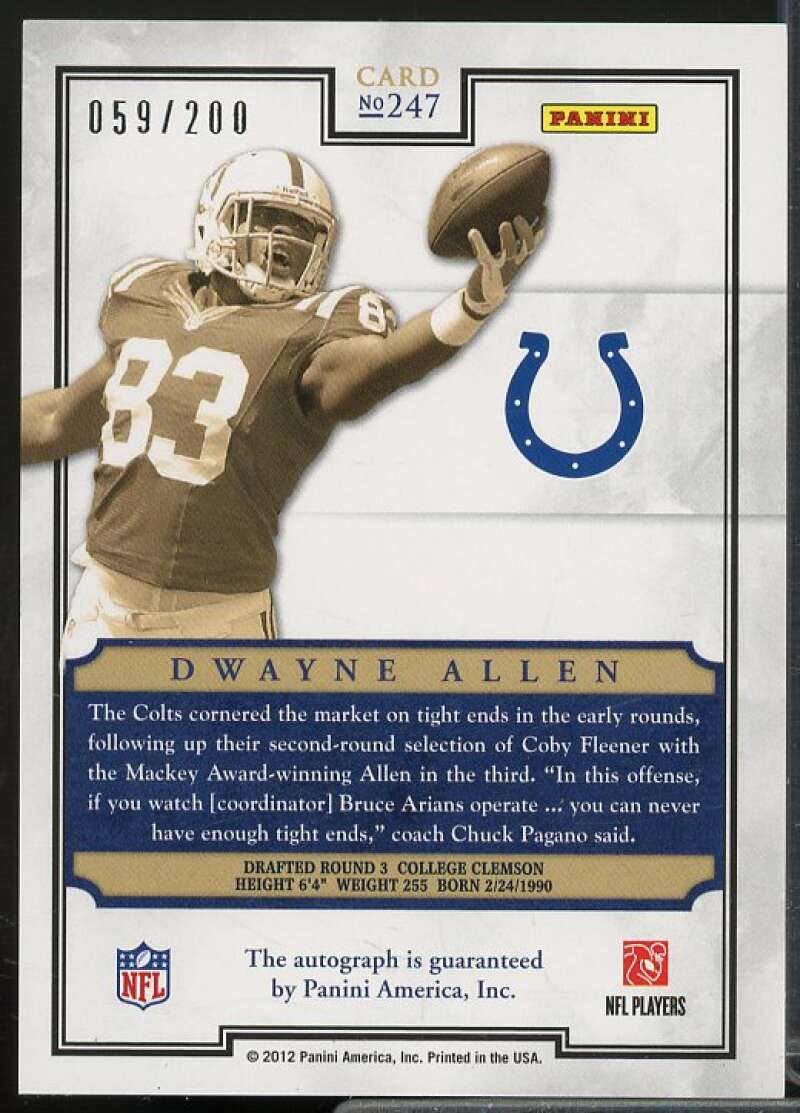 Dwayne Allen/200 Rookie 2012 Panini Prominence Rookie NFL Field Autographs #247  Image 2