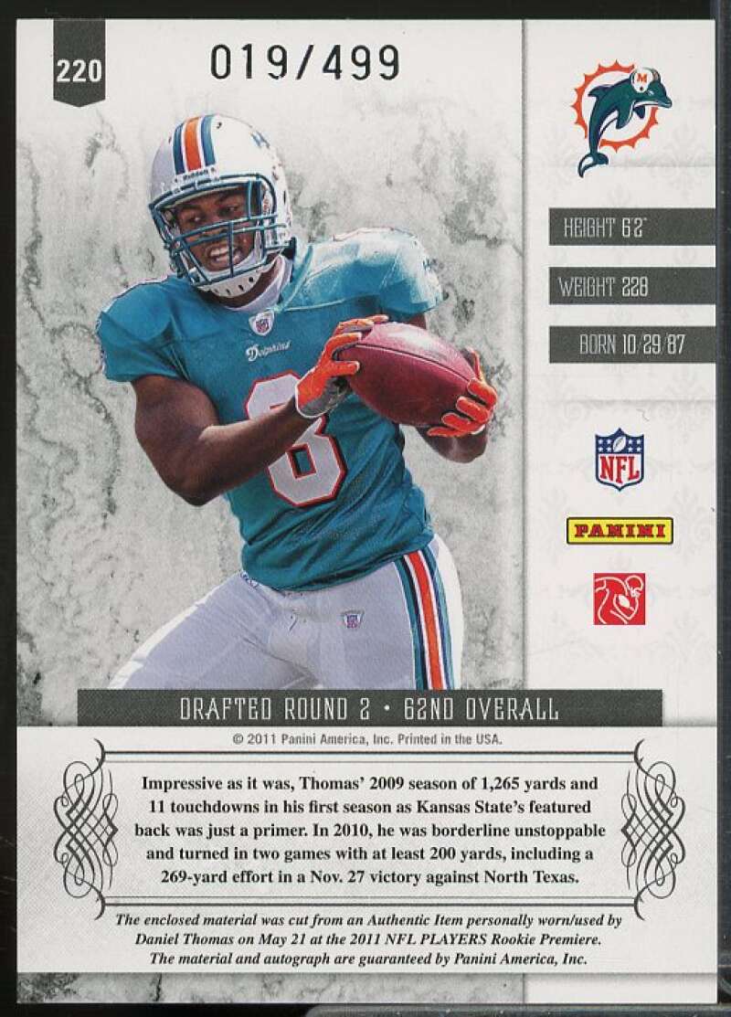 Daniel Thomas JSY AU/499 Rookie Card 2011 Panini Plates and Patches #220  Image 2