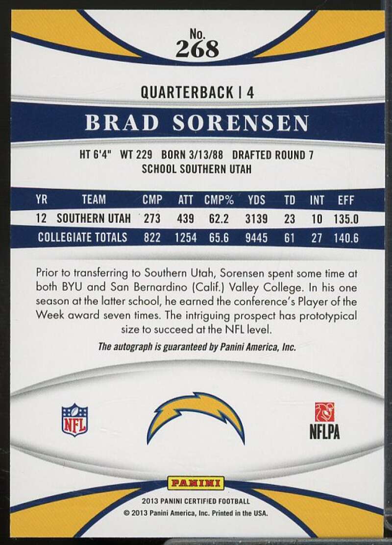 Brad Sorensen/100 Rookie Card 2013 Certified Mirror Blue Signatures #268  Image 2