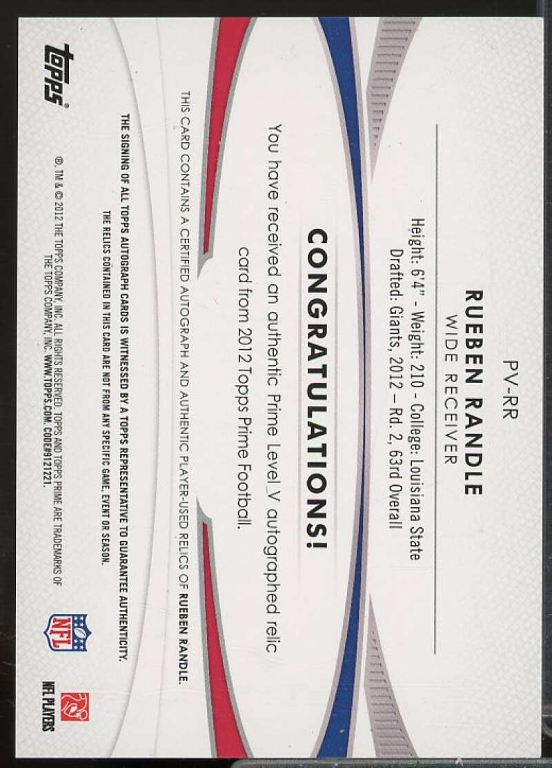 Rueben Randle/250 Rookie Card 2012 Topps Prime Autographed Relics Level 5 #PVRR  Image 2