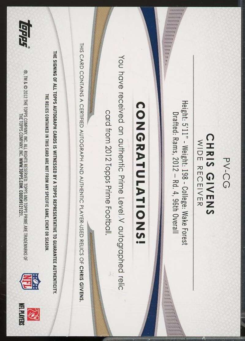 Chris Givens/780 Rookie Card 2012 Topps Prime Autographed Relics Level 5 #PVCG  Image 2