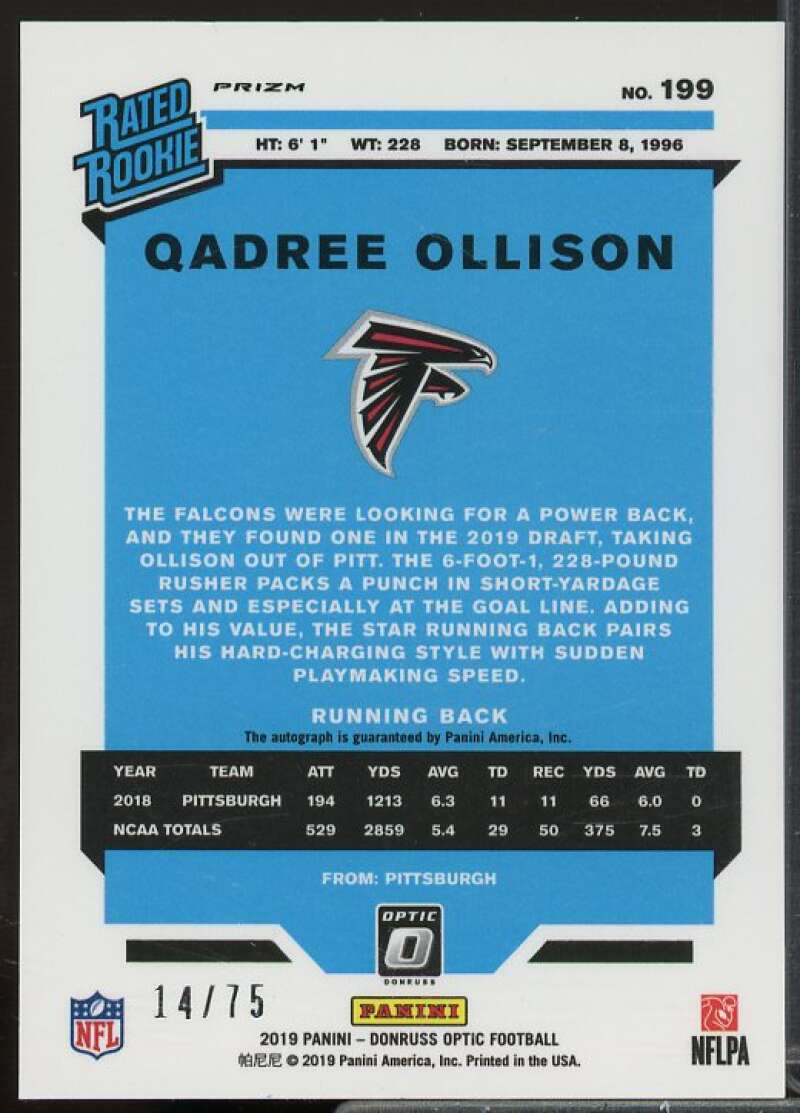 Qadree Ollison/75 Rookie 2019 Donruss Optic Rated Rookies Autographs Blue #199  Image 2