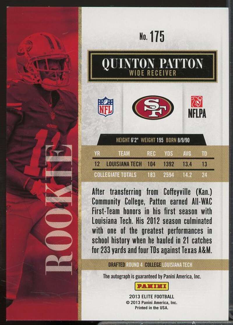 Quinton Patton/299 Rookie Card 2013 Elite Turn of the Century Autographs #175  Image 2