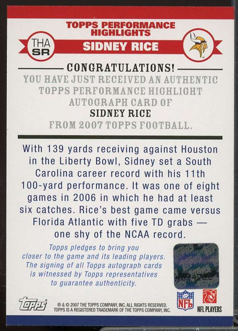 Sidney Rice Rookie Card 2007 Topps Performance Highlights Autographs #THASR  Image 2