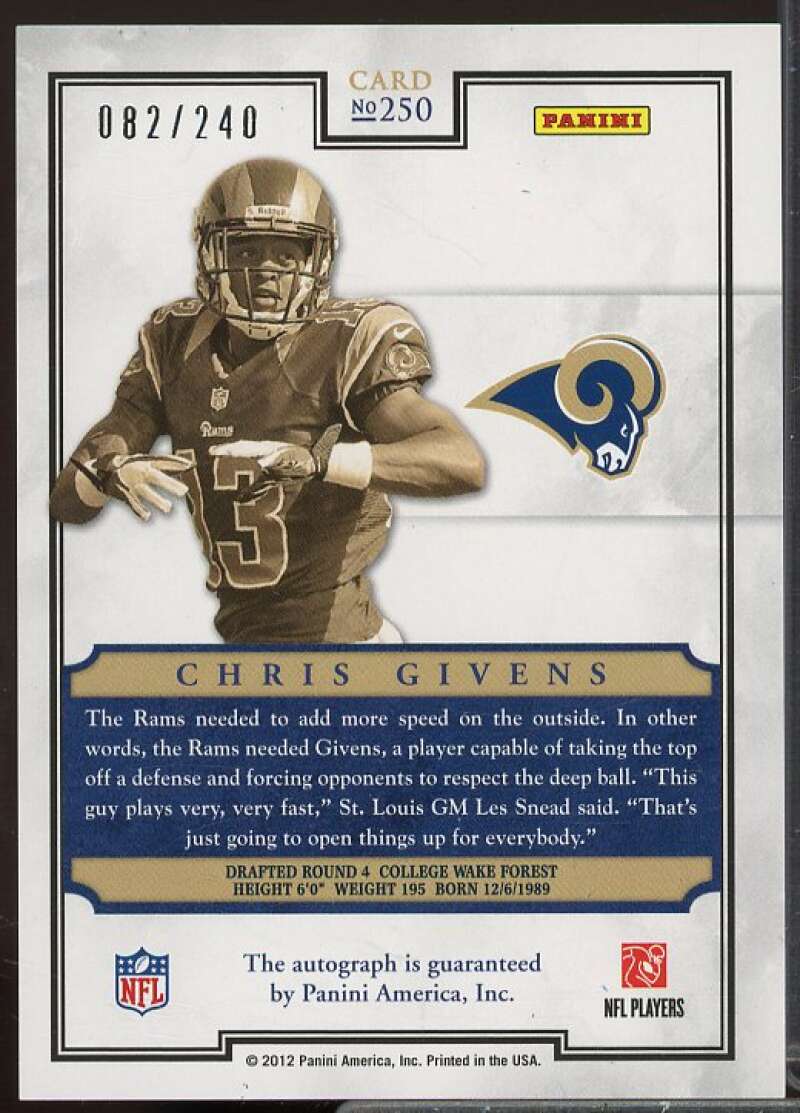 Chris Givens/240 Rookie 2012 Panini Prominence Rookie NFL Field Autographs #250  Image 2