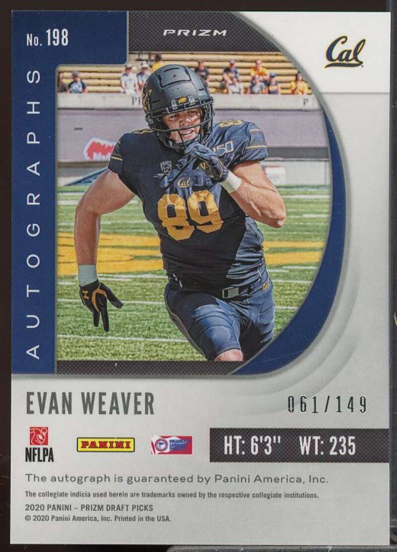 Evan Weaver/149 2020 Panini Prizm Draft Picks Autograph Prizms Neon Orange #198  Image 2