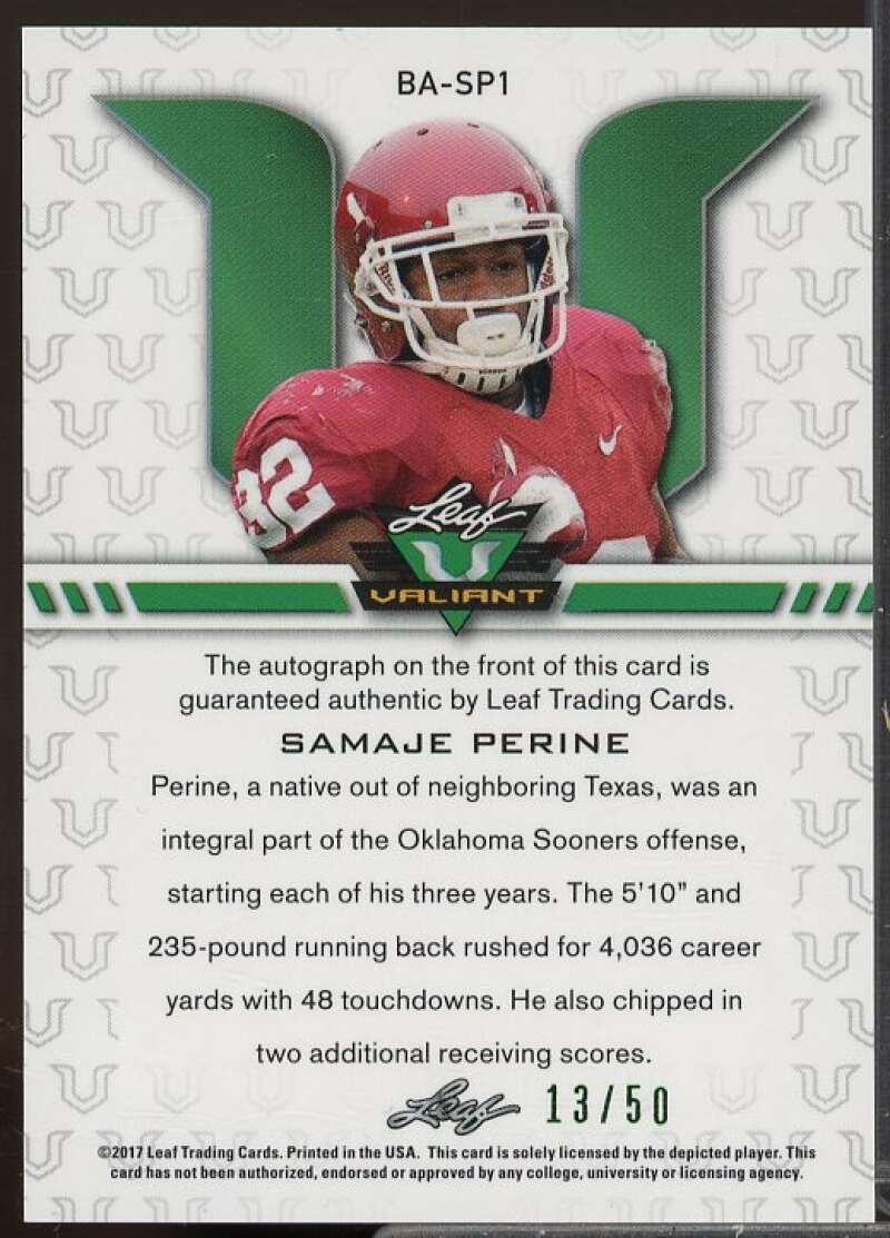 Samaje Perine Rookie Card 2017 Leaf Valiant #BASP1  Image 2