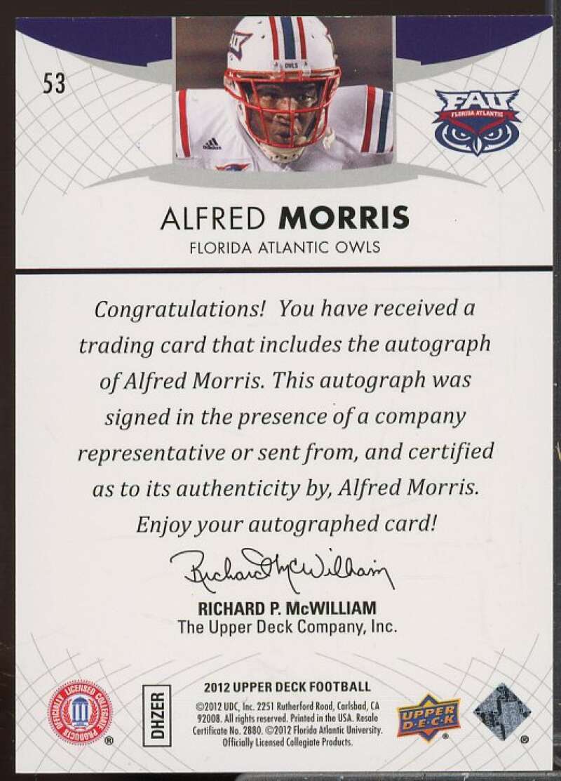 Alfred Morris Rookie Card 2012 Upper Deck Rookie Autographs #53  Image 2