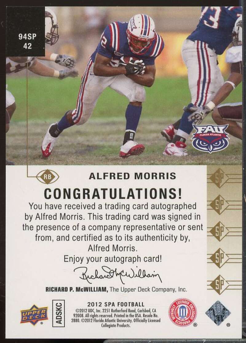 Alfred Morris Rookie Card 2012 SP Authentic 1994 SP Autographs #94SP42  Image 2