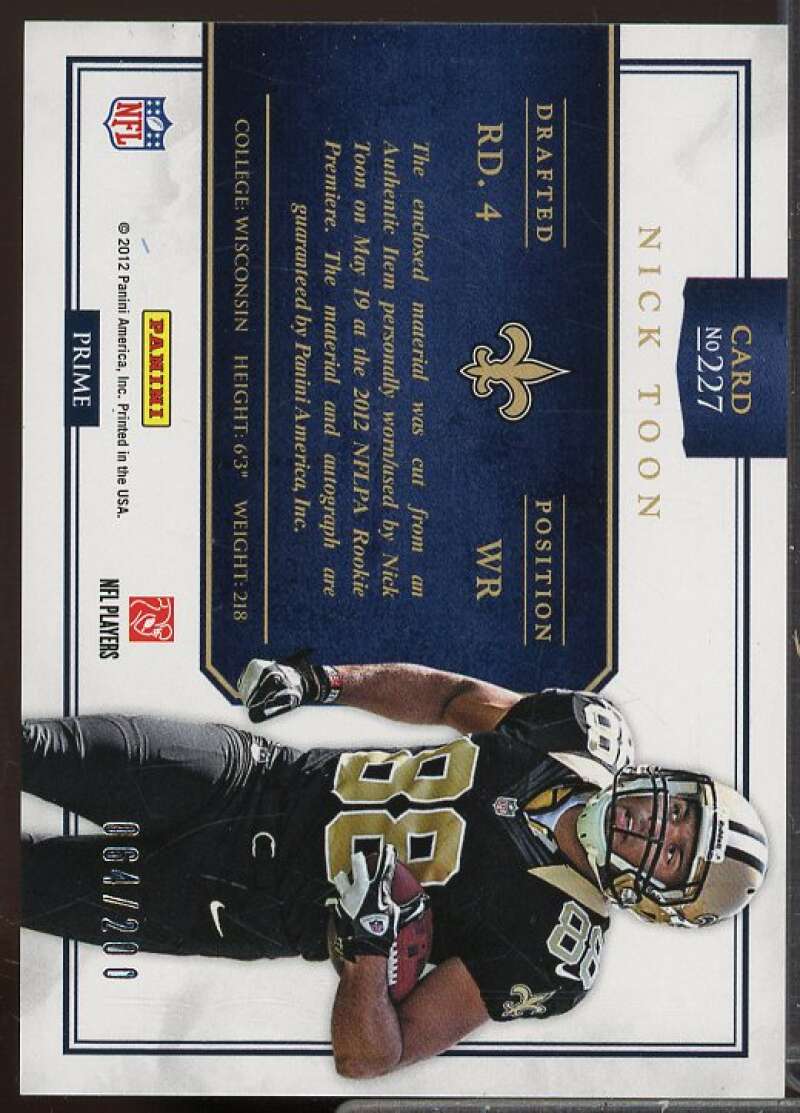 Nick Toon JSY AU/200 Rookie Card 2012 Panini Prominence #227  Image 2