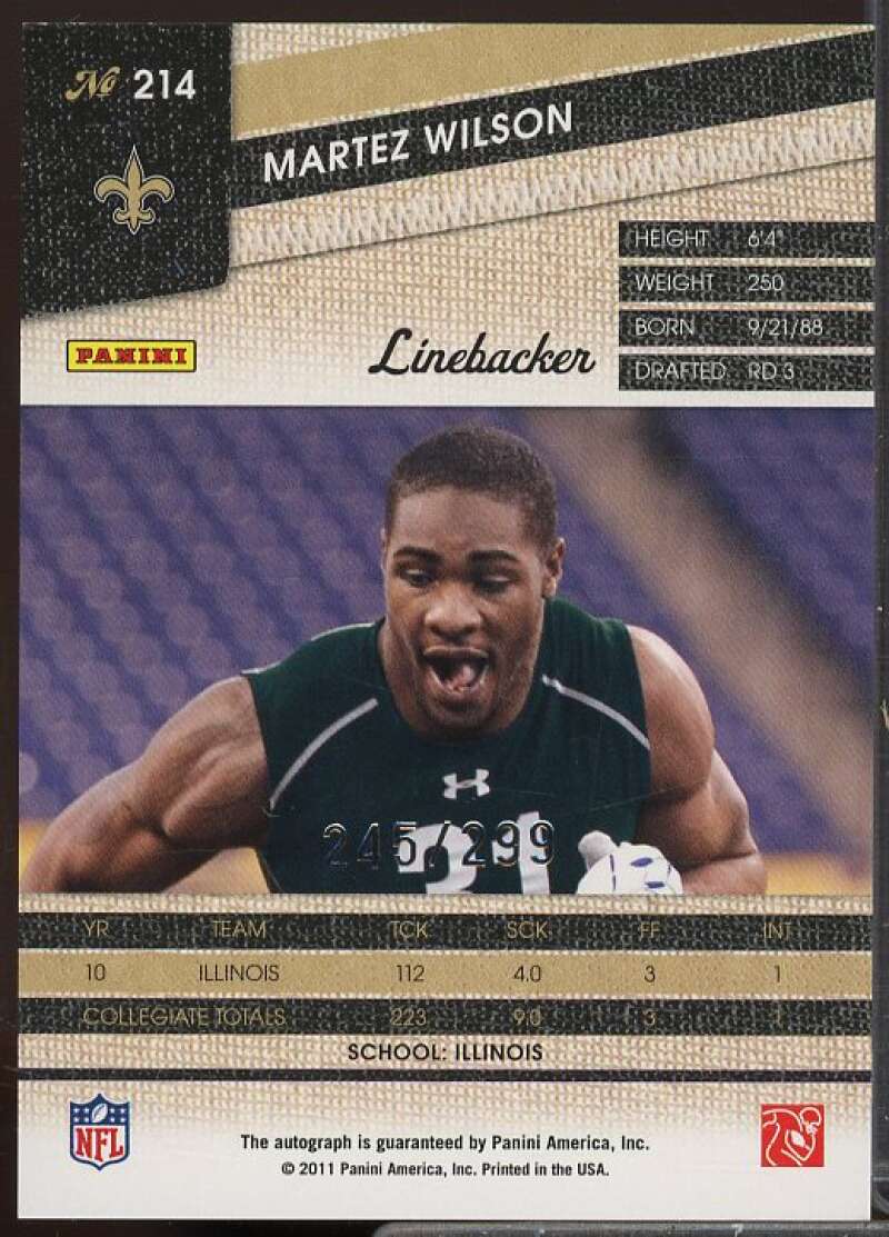 Martez Wilson Rookie Card 2011 Panini Threads Autographs Silver #214  Image 2