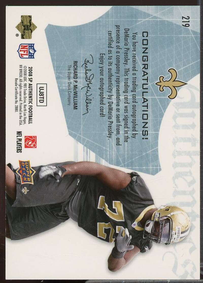 DeMario Pressley AU Rookie Card 2008 SP Authentic #219  Image 2