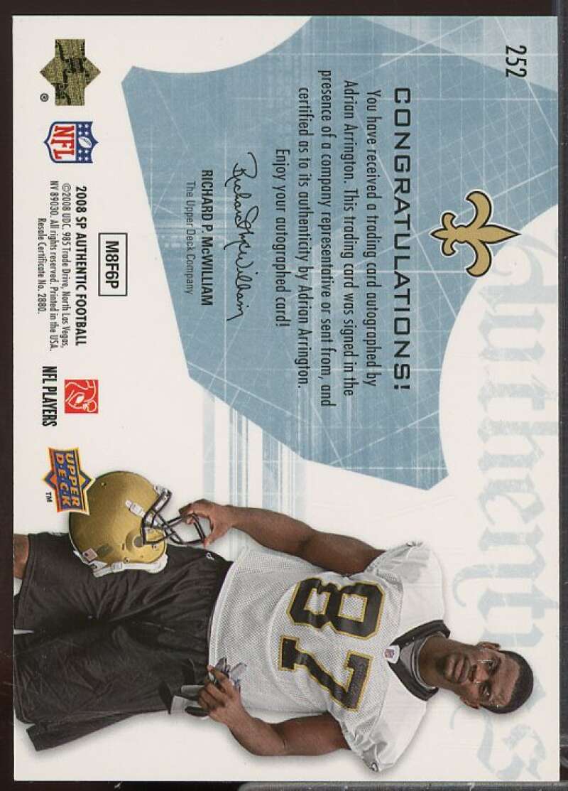 Adrian Arrington AU/399 Rookie Card 2008 SP Authentic #252  Image 2