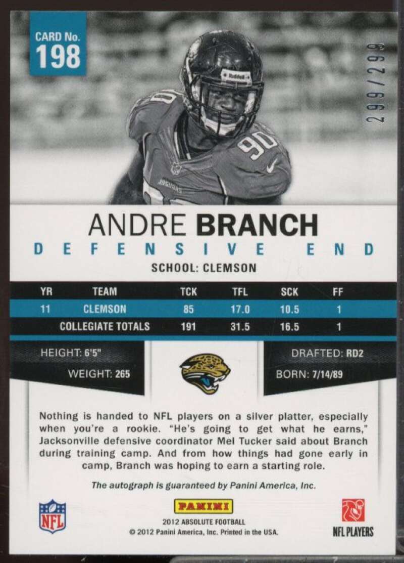 Andre Branch/299 Rookie Card 2012 Absolute Spectrum Gold Autographs #198  Image 2