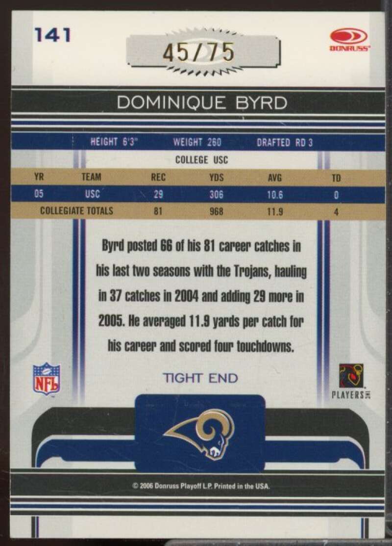 Dominique Byrd Rookie 2006 Donruss Gridiron Gear Autographs Gold Holofoil #141  Image 2