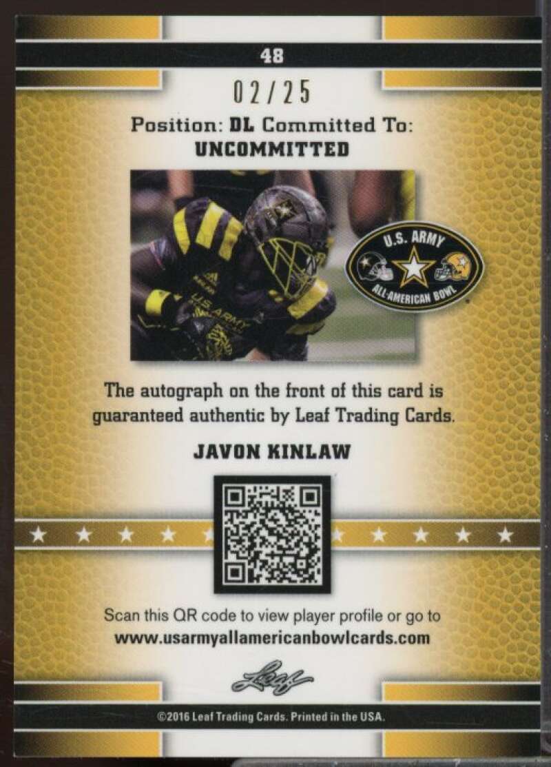 Javon Kinlaw/25 2016 Leaf Army All-American Bowl Metal Autographs Purple #48  Image 2