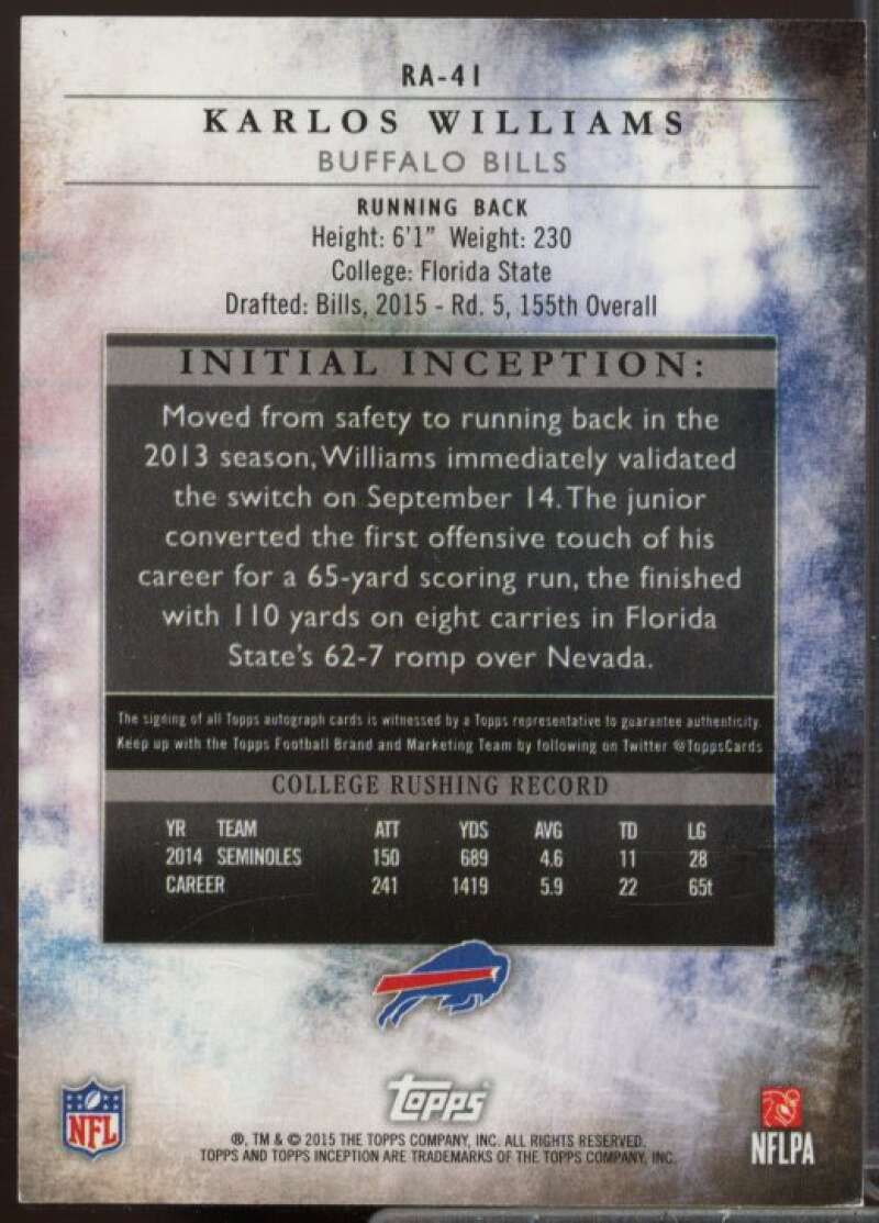 Karlos Williams AU Rookie Card 2015 Topps Inception Purple #RA41  Image 2