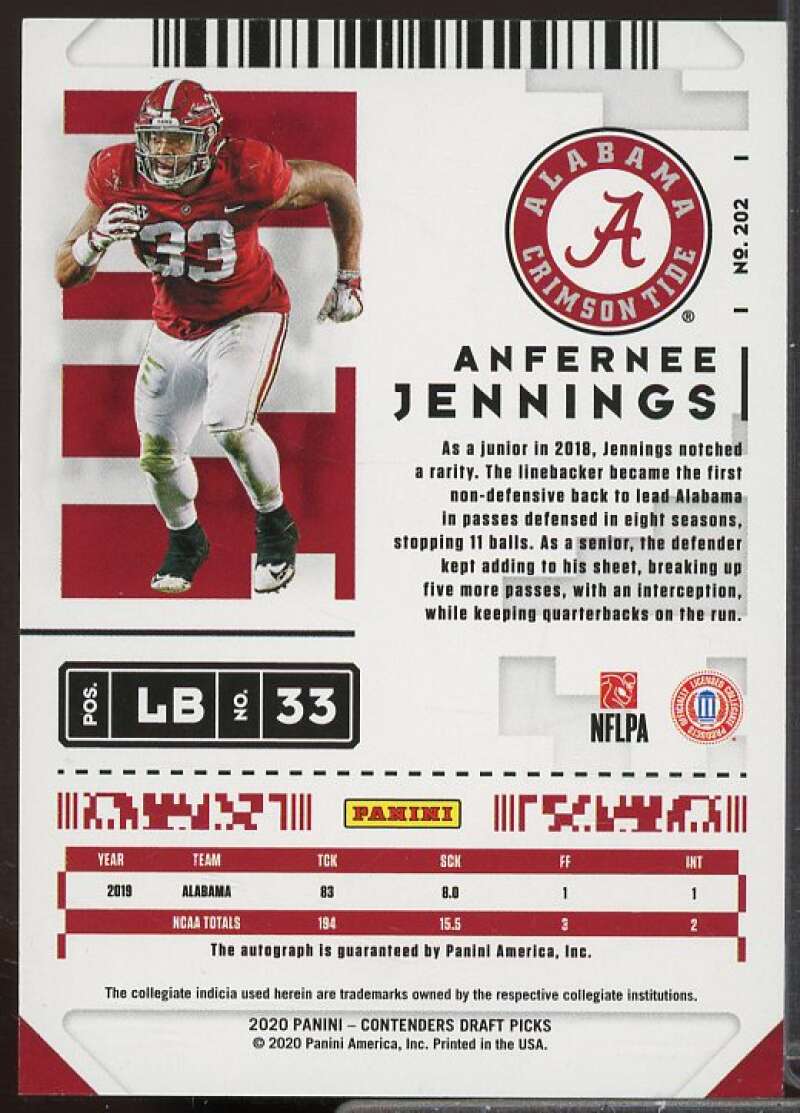 Anfernee Jennings AU Rookie 2020 Panini Contenders Draft Picks Bowl Ticket #202  Image 2