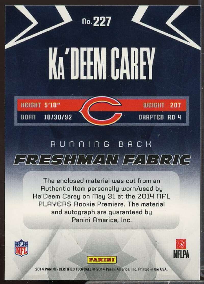 Ka'Deem Carey JSY AU/699 Rookie Card 2014 Certified #227  Image 2