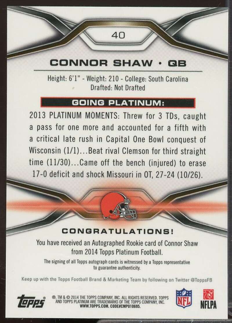 Connor Shaw Rookie Card 2014 Topps Platinum Autographs Blue Refractors #40  Image 2