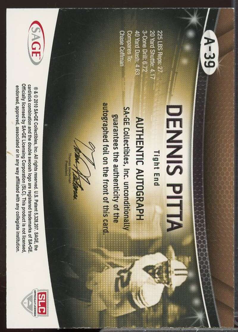 Dennis Pitta Rookie Card 2010 SAGE Autographs Gold #39  Image 2