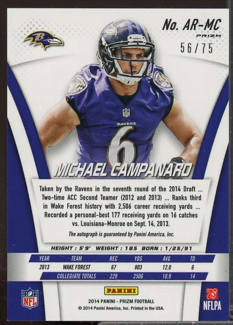 Michael Campanaro Rookie 2014 Panini Prizm Rookie Autographs Prizms Blue #ARMC  Image 2