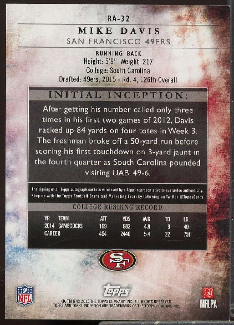 Mike Davis AU Rookie Card 2015 Topps Inception Purple #RA32  Image 2